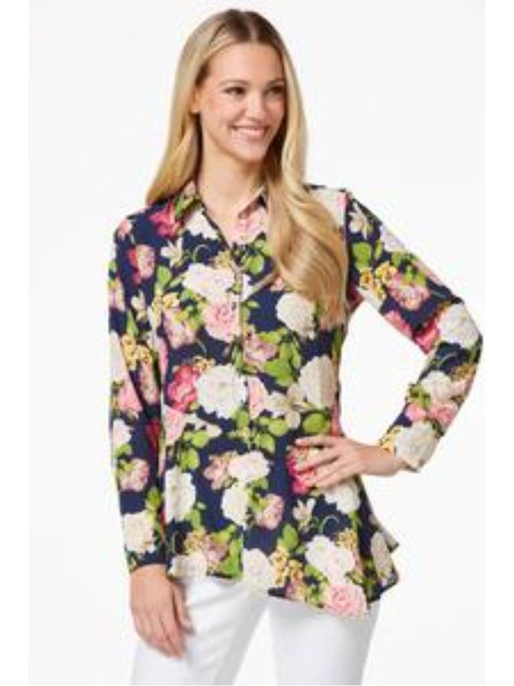 CATO Ruffled Rose Print Tunic Assymetrical Flowy Modern‎ blouse pink blue medium